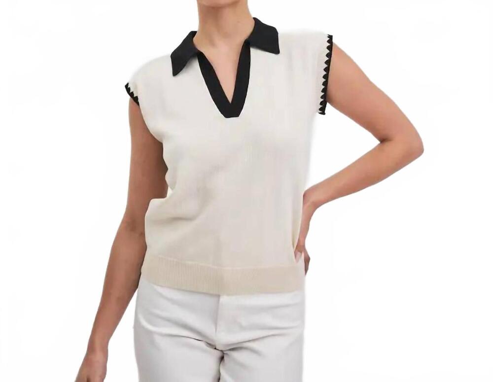 NEW ABLE contrast collared v neck knit top in cream/black